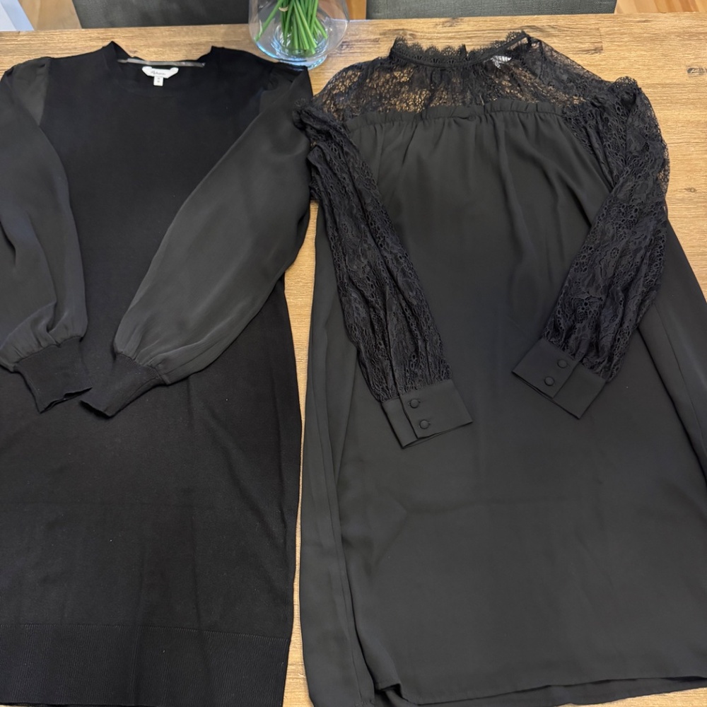 NWOT Reitmans Black Dress Duo Lot - Lace A-Line & Knit Sheer Puff Sleeve Tops -